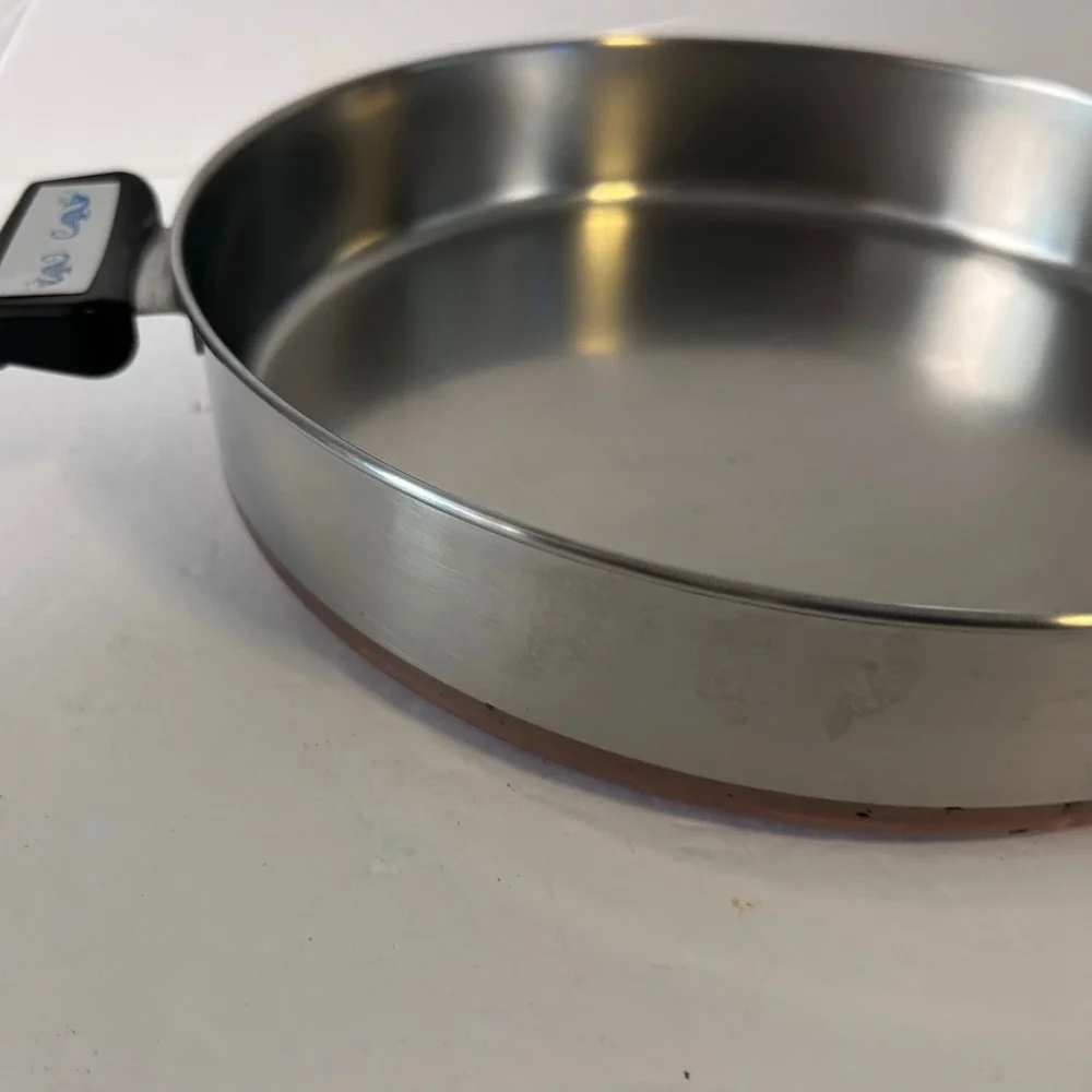 Vintage Revere Ware Copper Clad Skillet with High Dome Lid Blue Seahorse Handle